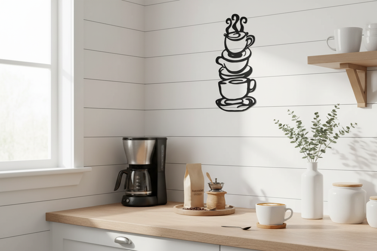 Black metal coffee cup wall art in a farmhouse kitchen