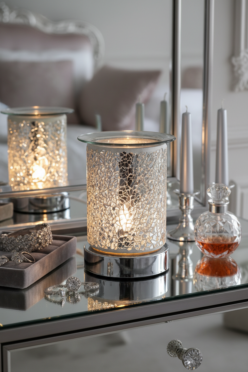 Crackle Glass Oil Burner on glamorous mirrored boudoir vanity