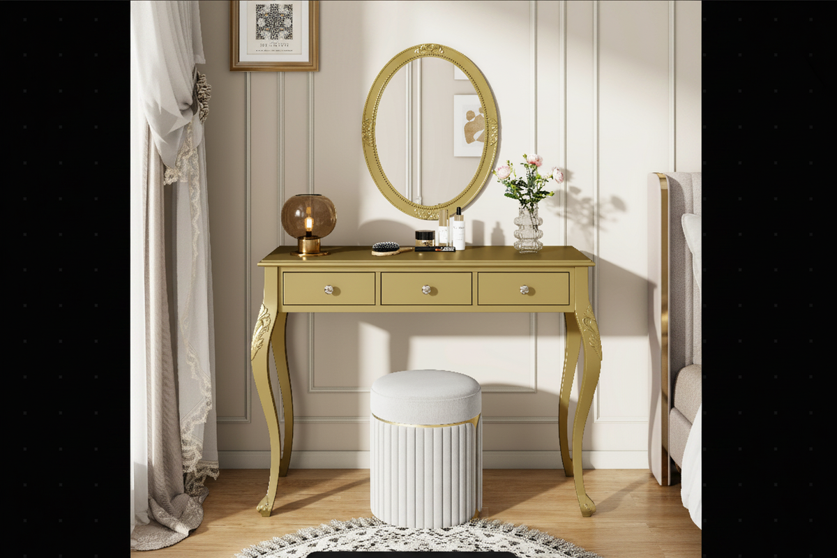 Hero product shot of gold vanity dressing table