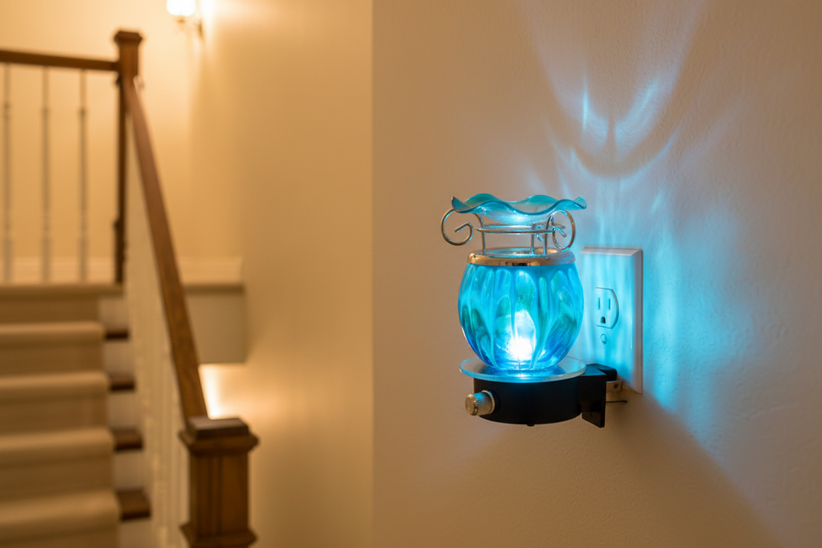 Blue tie dye ball wall burner plugged into staircase wall outlet glowing blue