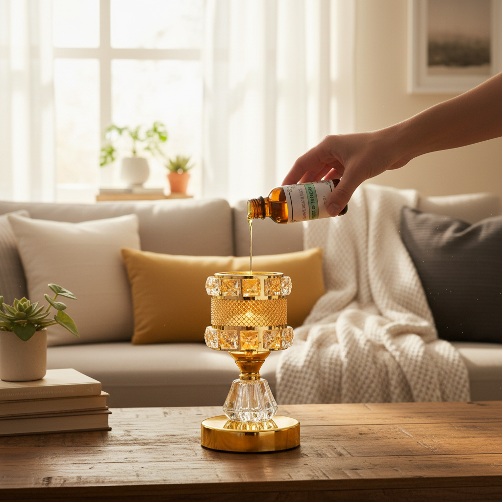Bird of Paradise fragrance oil bottle being poured into Designer Gold warmer in cozy living room