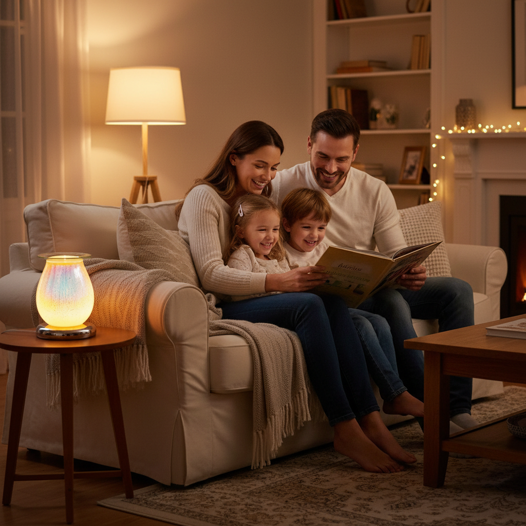 Happy family gathered in living room with White Drizzles lamp glowing