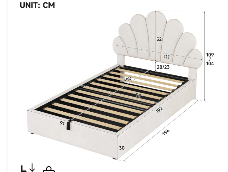 3ft Single Velvet Hydraulic Storage Bed with Adjustable Petal Headboard – Beige