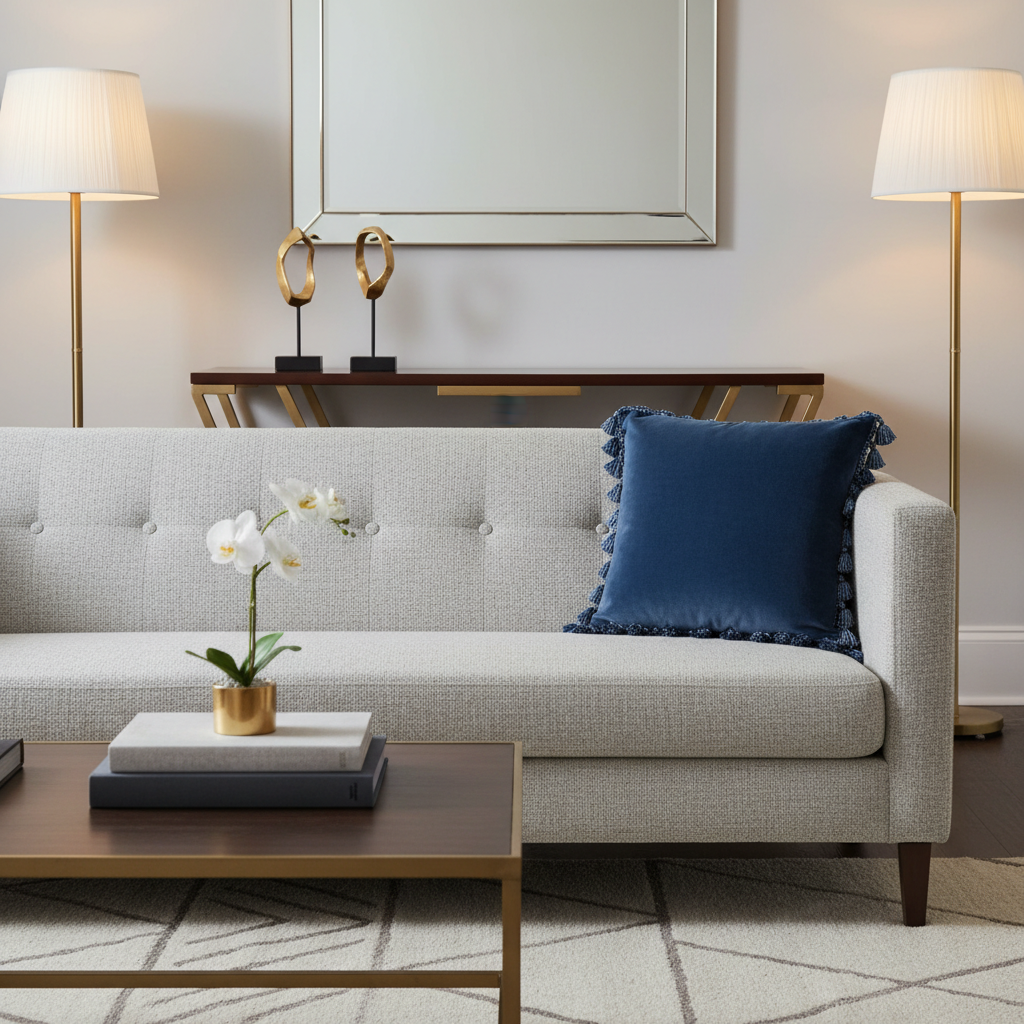 Icy navy blue velvet tassel pillow on grey sofa in modern living room with gold accents