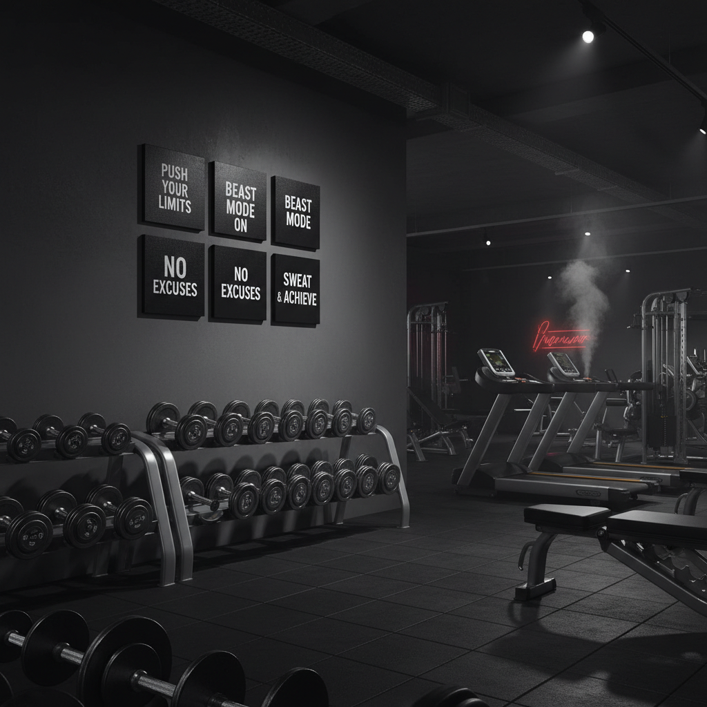 Four 12x12 inch black framed motivational canvas prints in gym on dark wall, true to scale