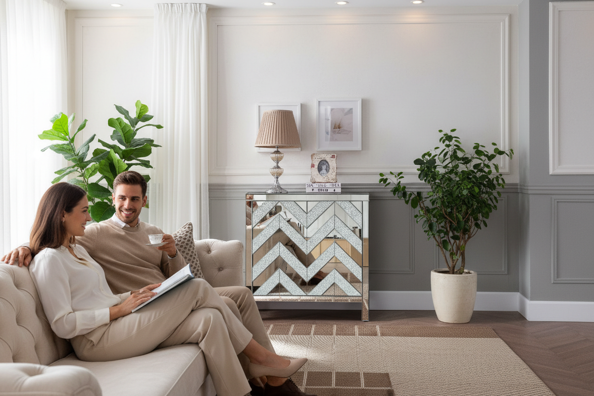 Mirrored chevron cabinet in living room with couple