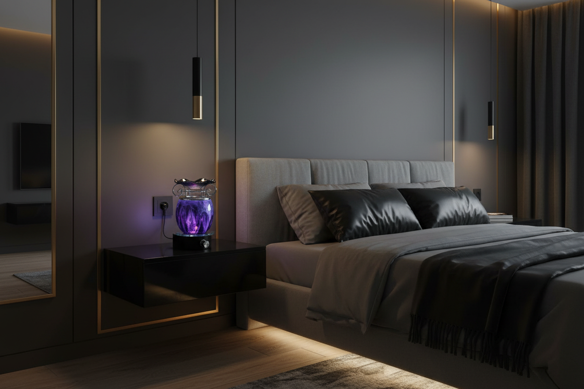 Black tie dye ball wall burner plugged into modern bedroom wall outlet glowing dark
