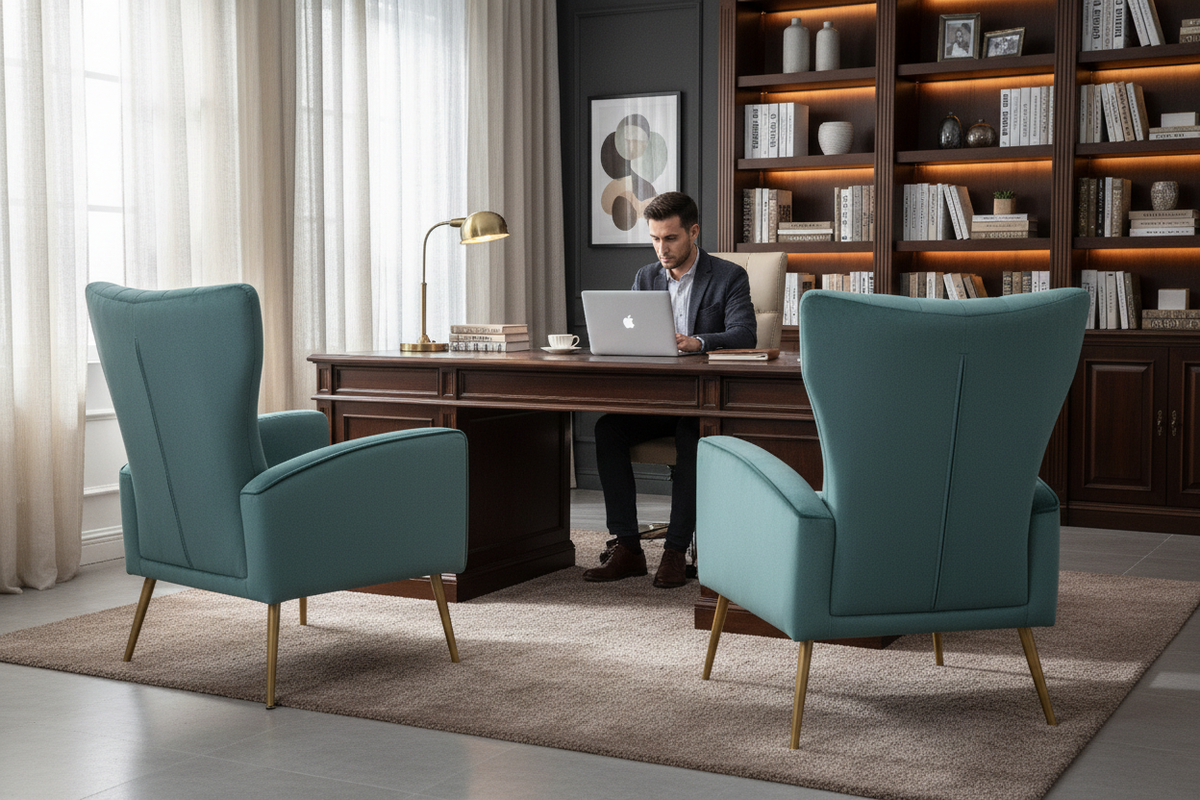 Two teal velvet wingback accent chairs with gold legs shown from behind, facing an executive desk in an elegant home office