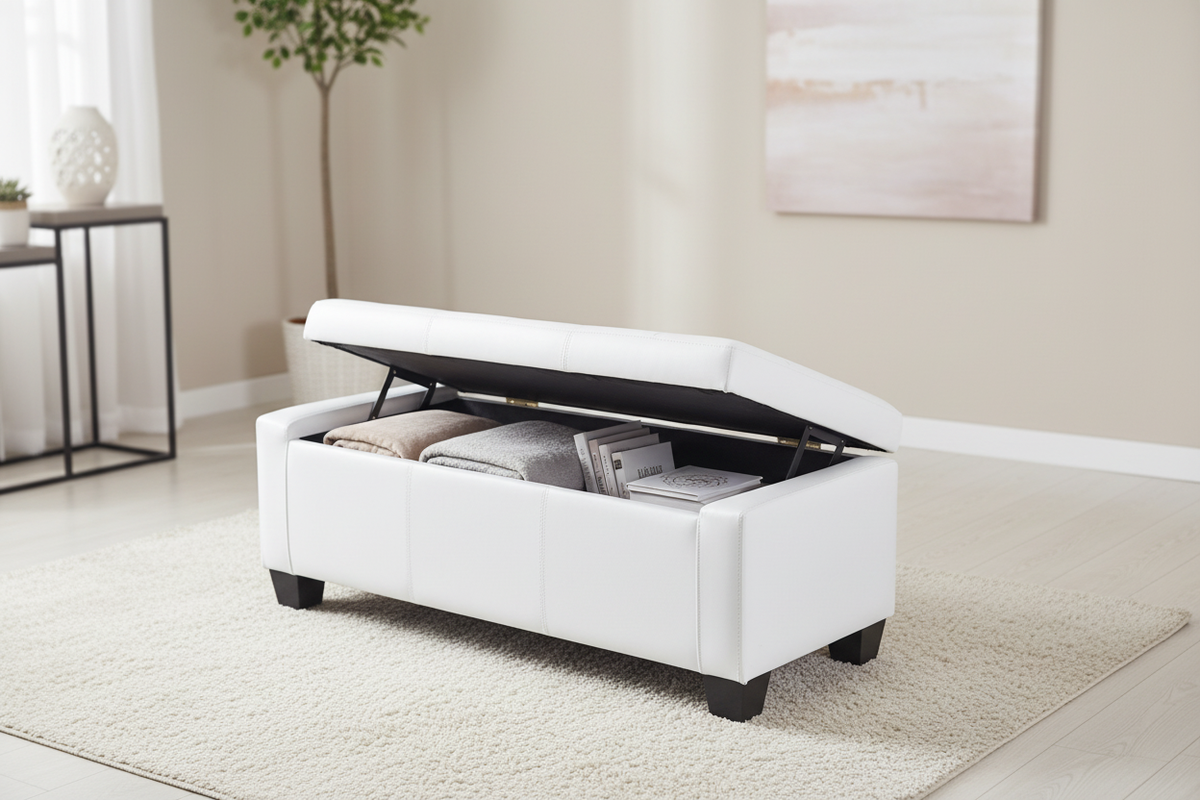 White tufted storage ottoman hero product shot with lid open