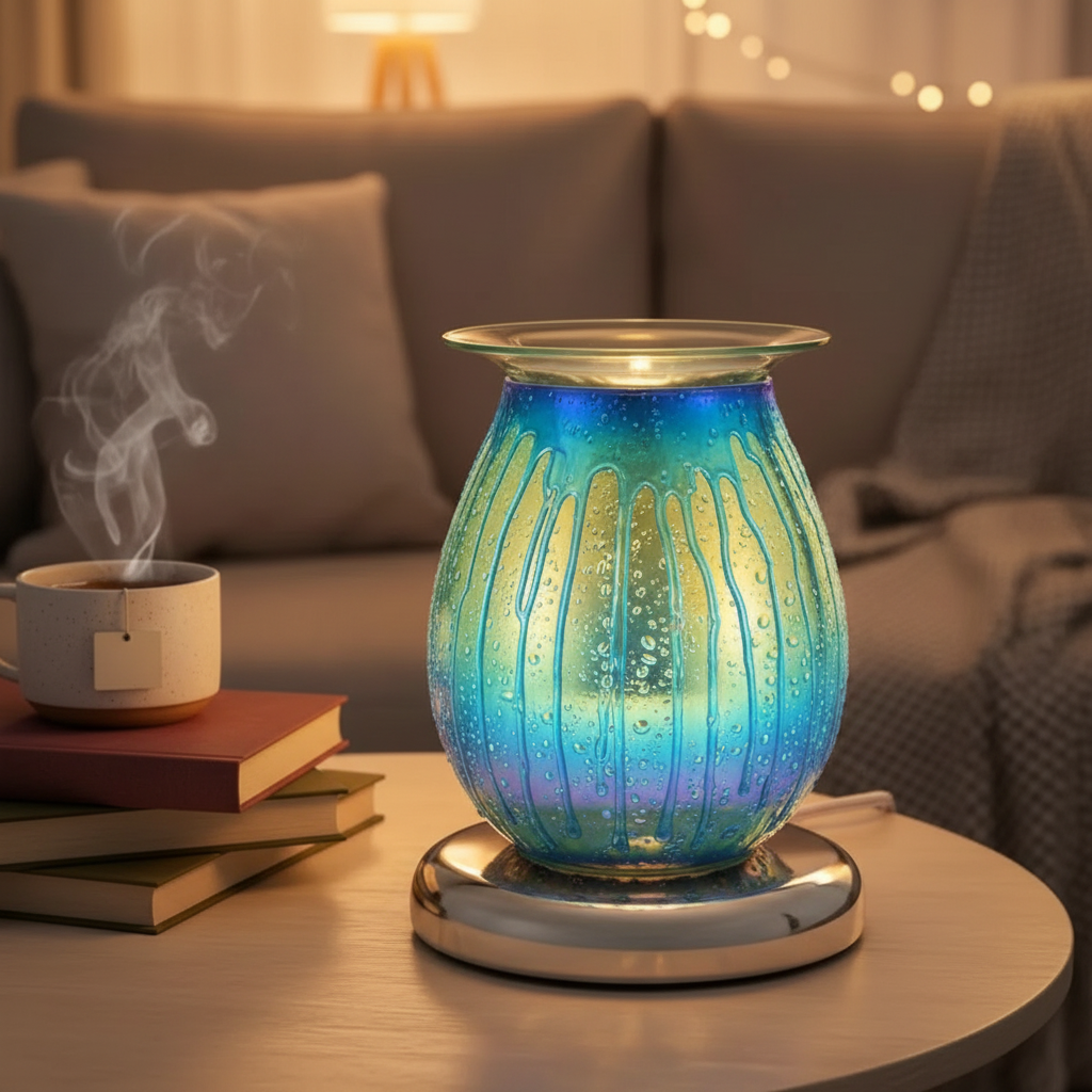 Blue Drizzles lamp on living room side table