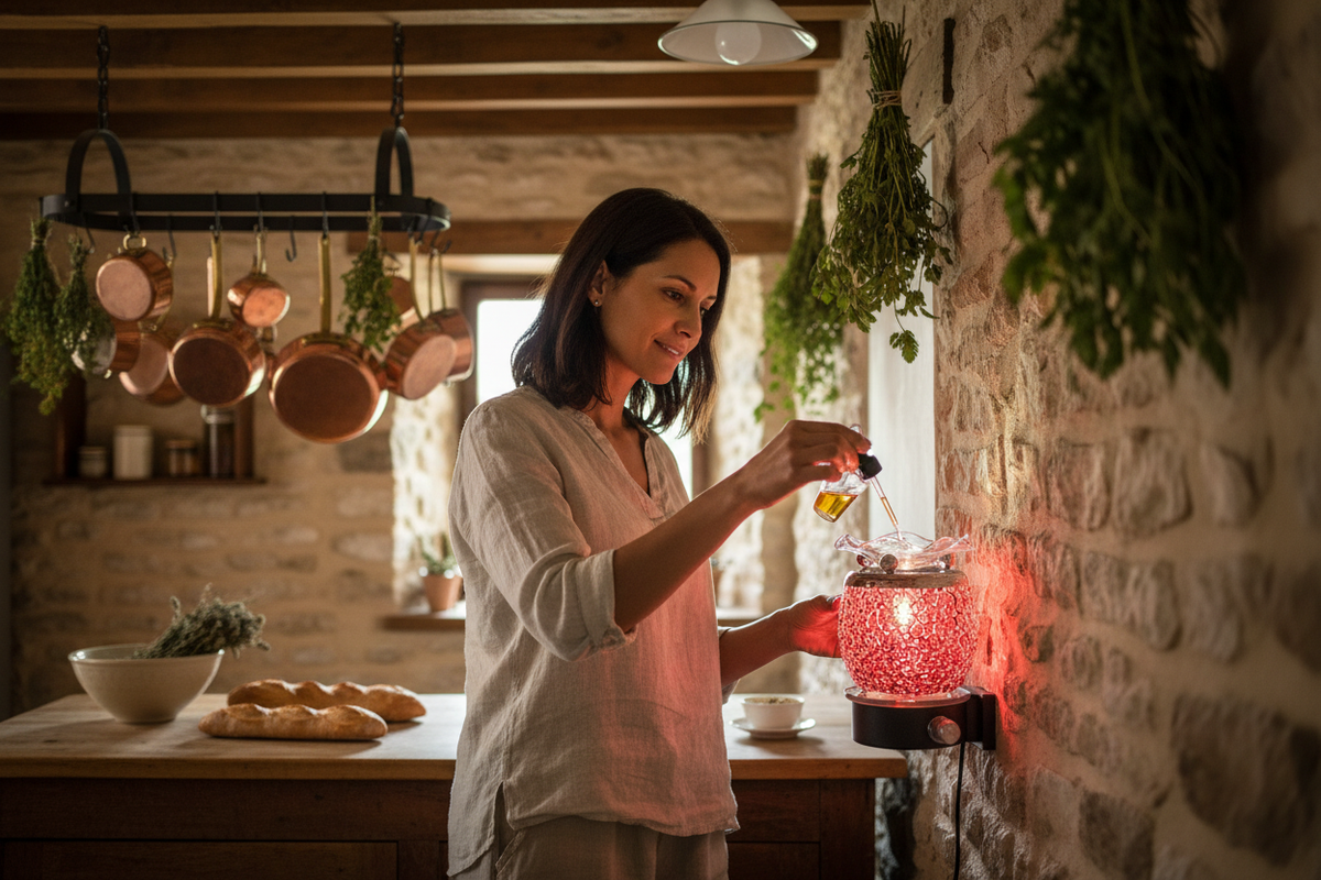 Middle Eastern woman pouring fragrance oil into red mosaic wall plug-in warmer in a French country kitchen