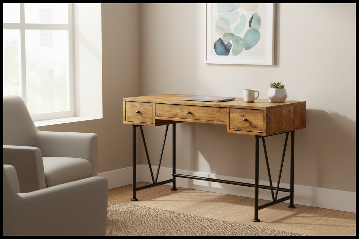 Rustic farmhouse writing desk styled with laptop and ceramic mug in a bright living room nook