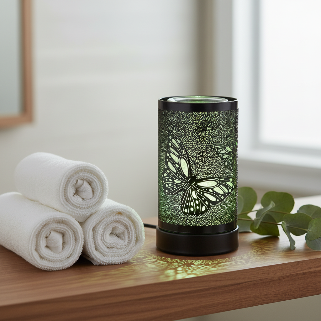 Butterfly Mosaic Wax Warmer on spa bathroom shelf with eucalyptus