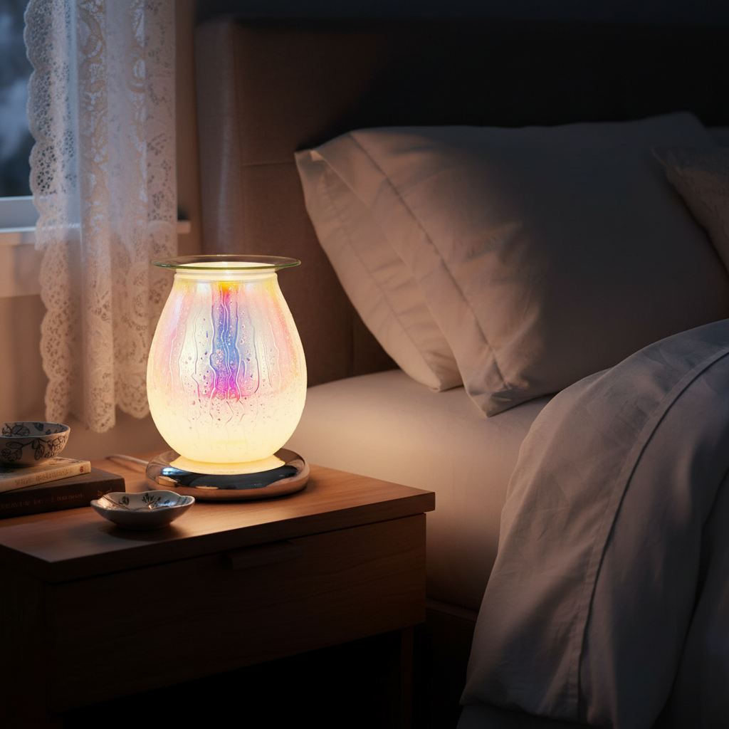 White Drizzles lamp glowing on bedroom nightstand