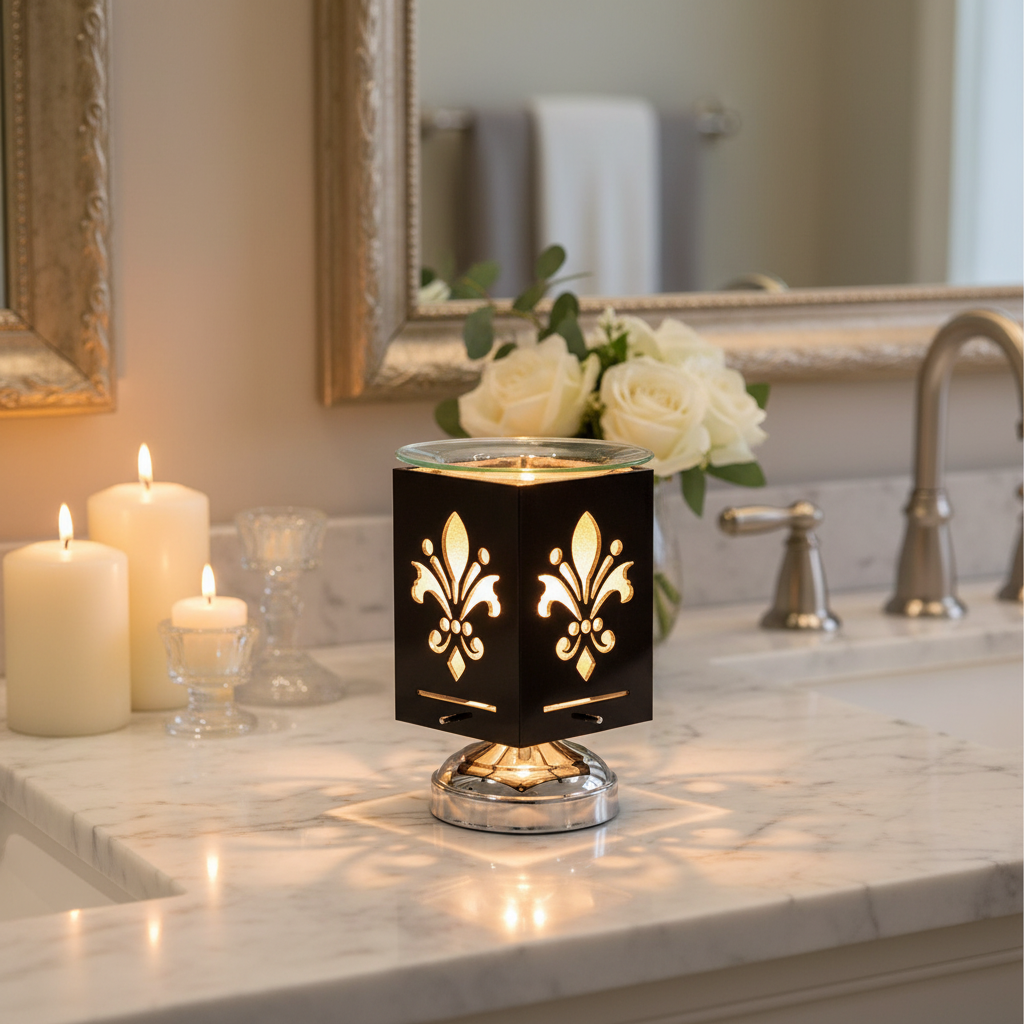 Fleur De Lis warmer on marble bathroom vanity