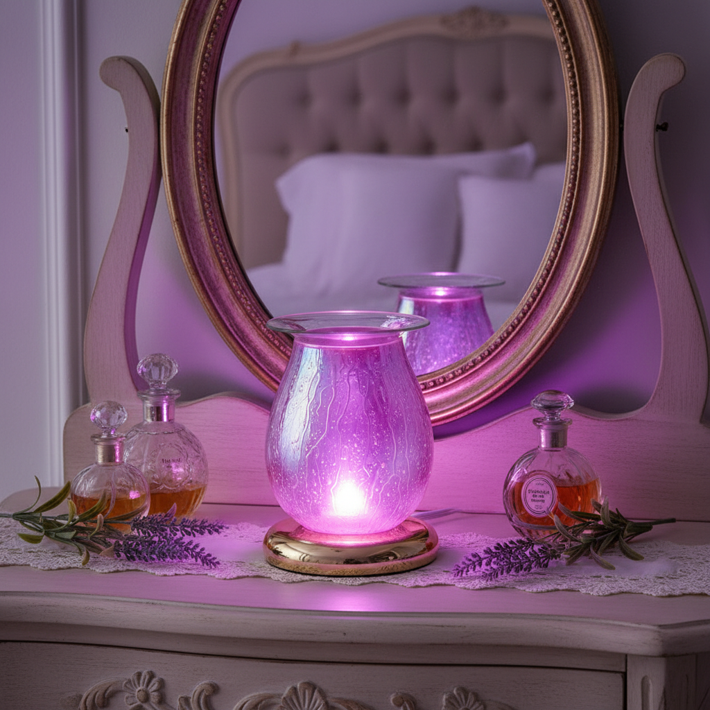 Purple Drizzles lamp on French country bedroom vanity