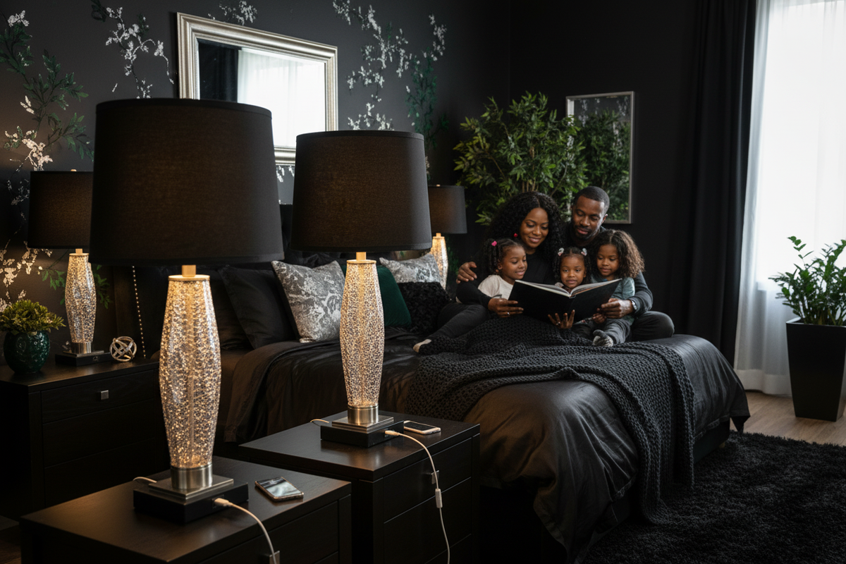 Table lamps in dark moody bedroom with Black family
