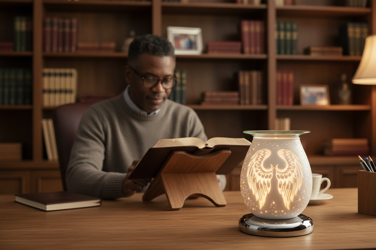Black man reading Bible at desk with White Angel Wings oil burner in foreground