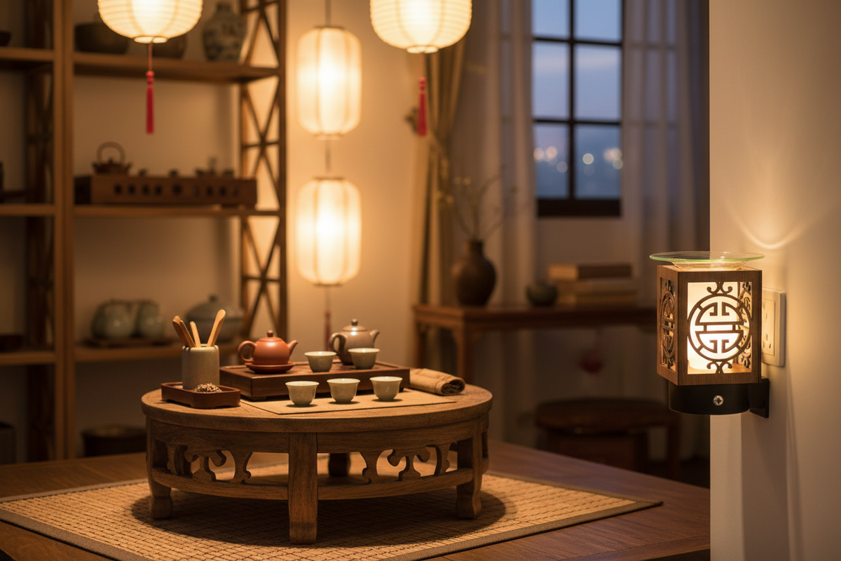 Antique round wood wall plug-in oil warmer in Chinese tea room glowing warm white
