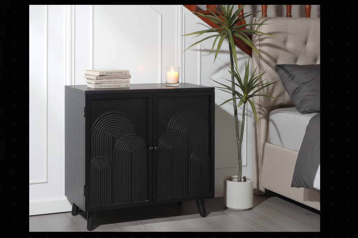 Modern black accent cabinet in bedroom