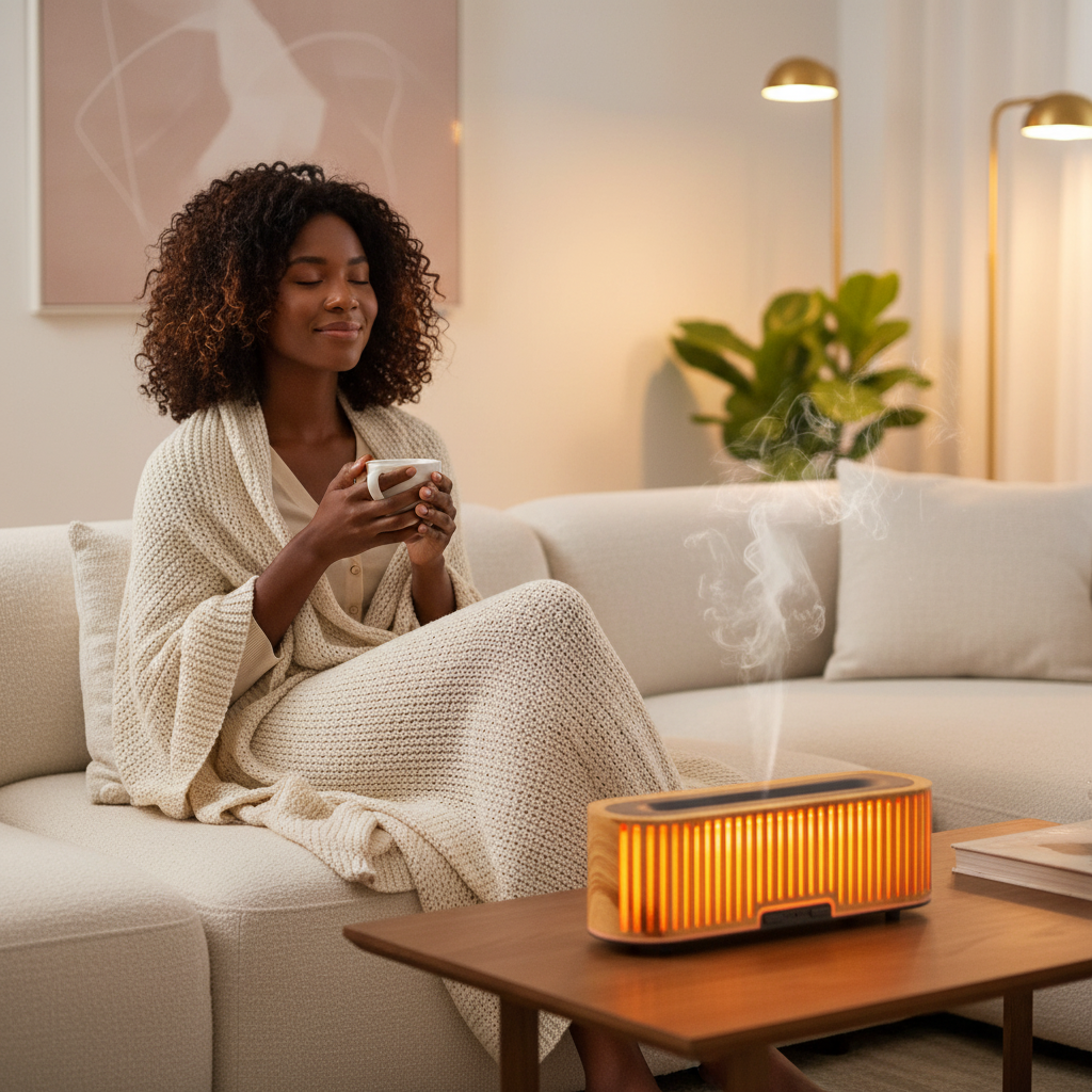 Black woman relaxing on sofa with aroma diffuser