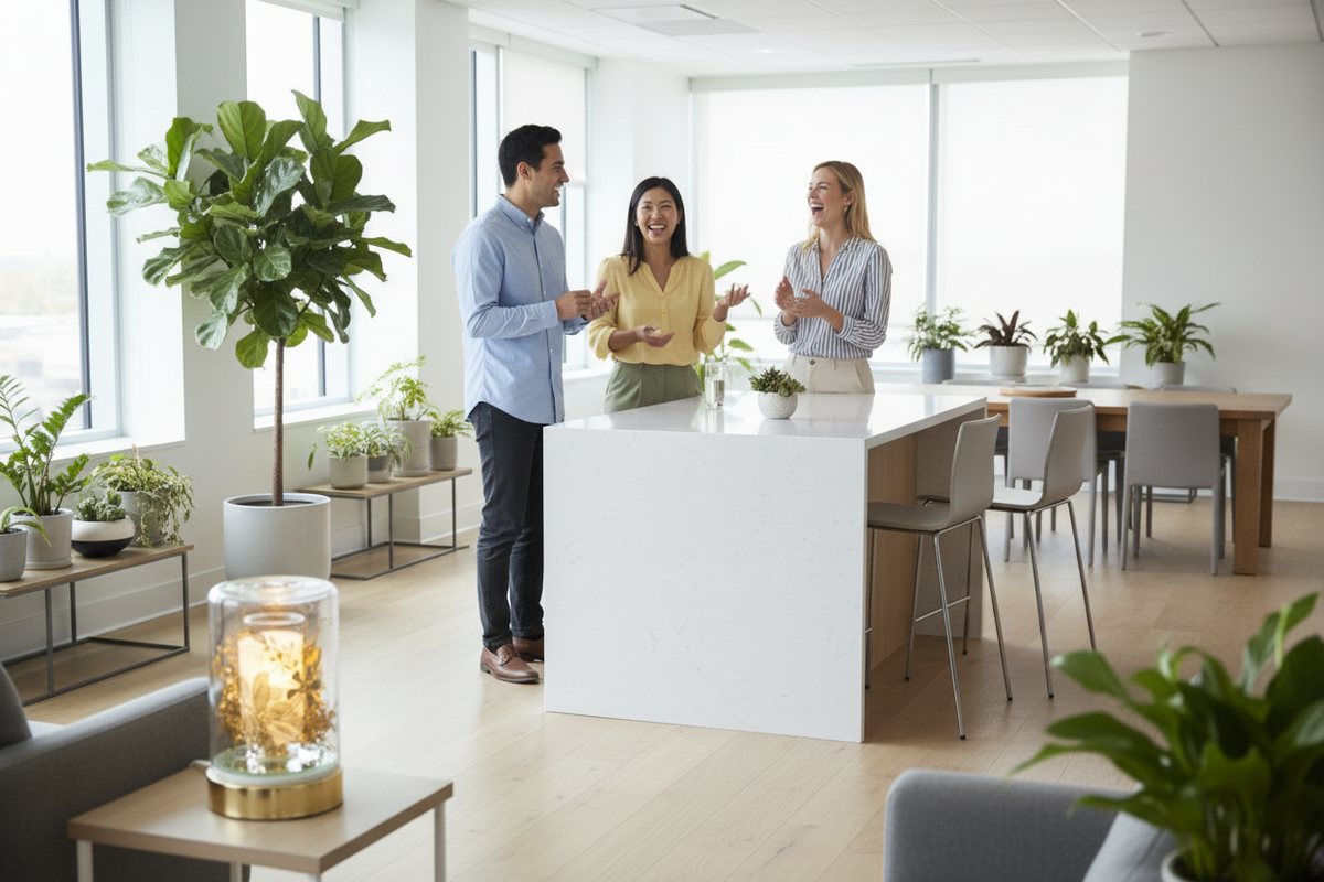 Corporate office break room with diverse coworkers and Gold Flower Glass Fragrance Oil Warmer