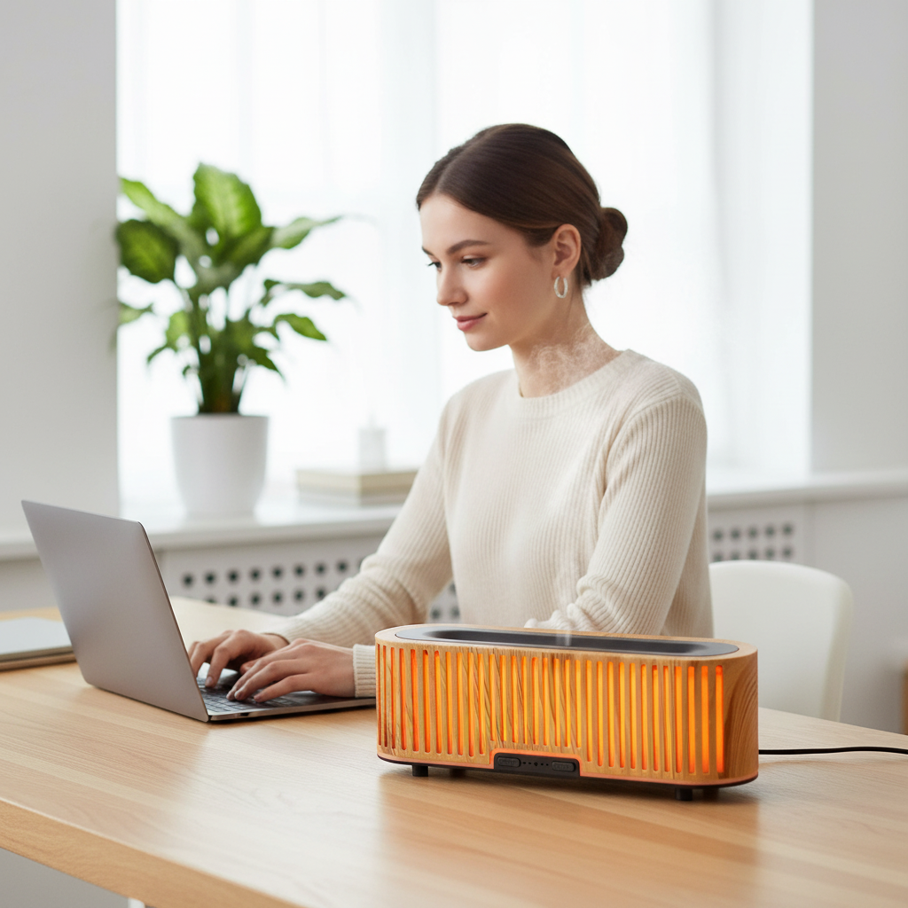 Woman working at office desk with aroma diffuser
