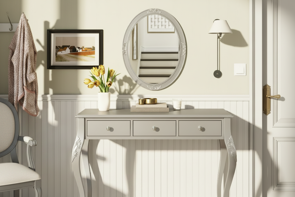 Hero product shot of grey vanity desk