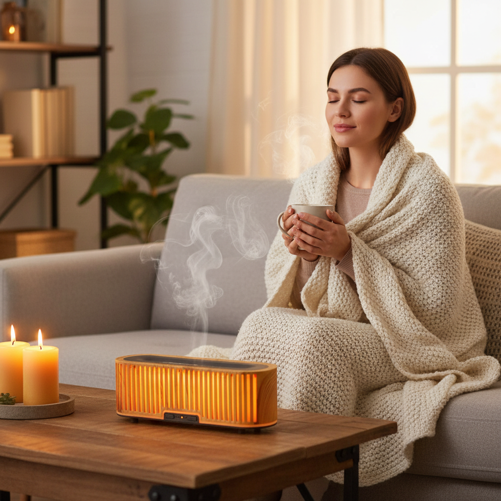 Woman relaxing on sofa with aroma diffuser