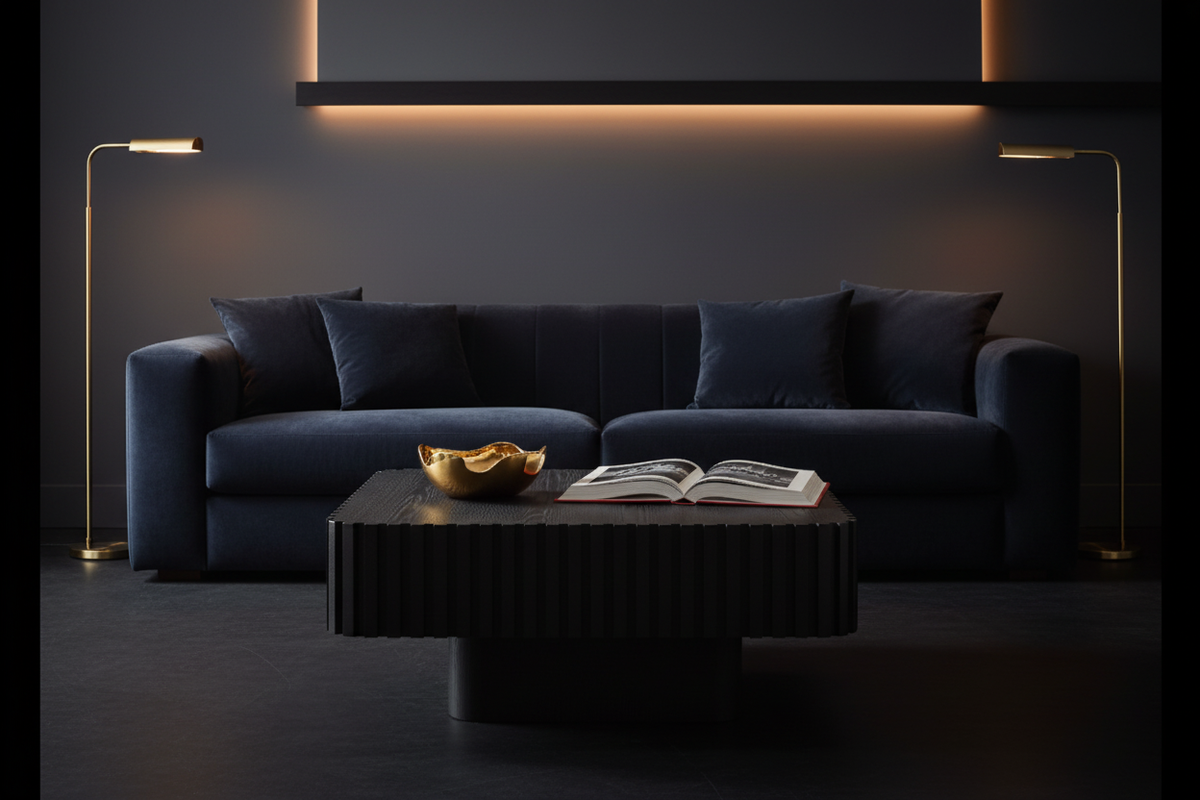 Black square coffee table styled in a dark moody luxury living room