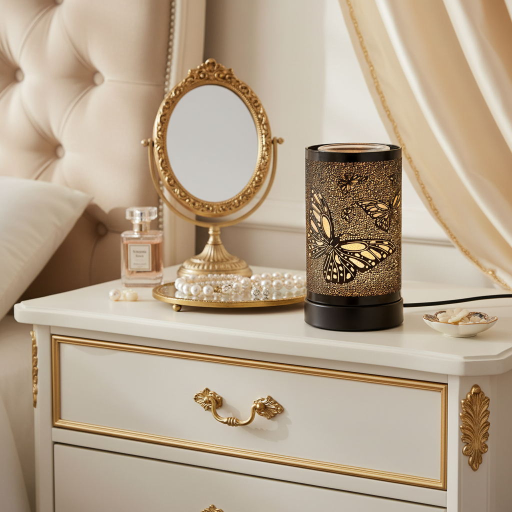 Butterfly Mosaic Wax Warmer on luxury vanity dresser with gold accents
