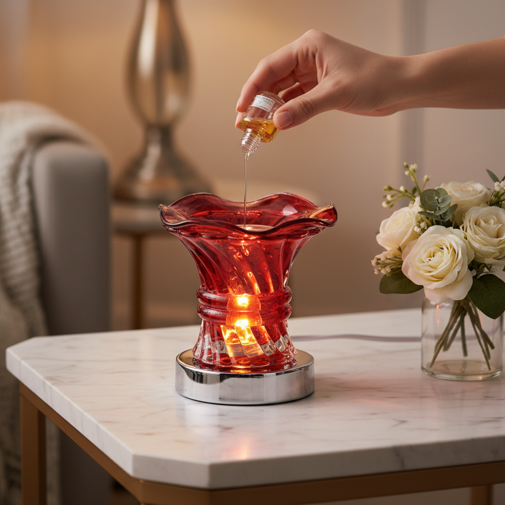 Person pouring fragrance oil into Red Ember warmer glowing with warm electric light on marble side table
