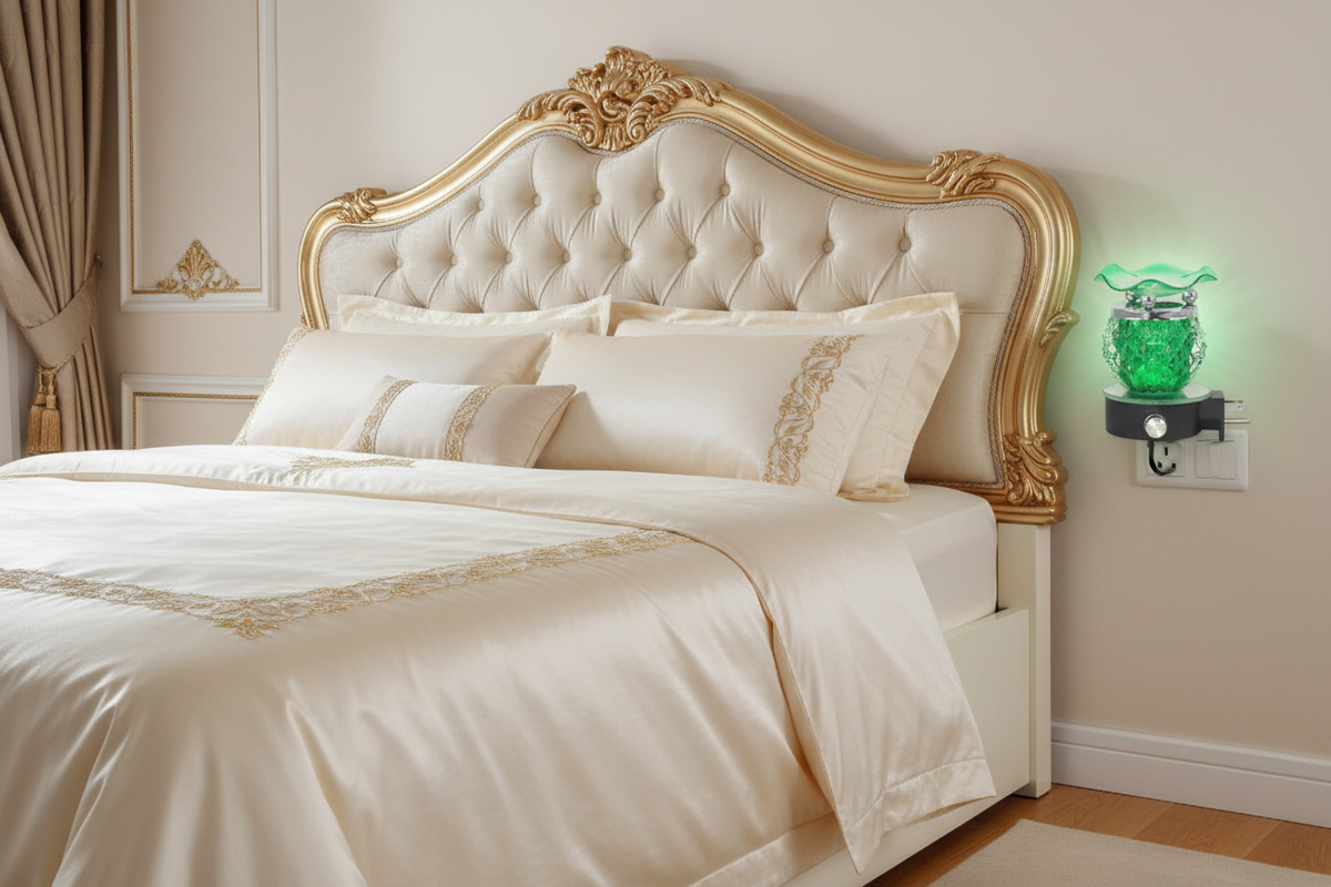 Green pineapple wall plug-in oil warmer plugged into elegant bedroom wall outlet