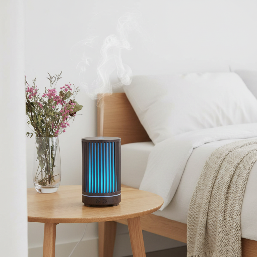 Darkwood Aroma Diffuser in Scandinavian minimalist bedroom
