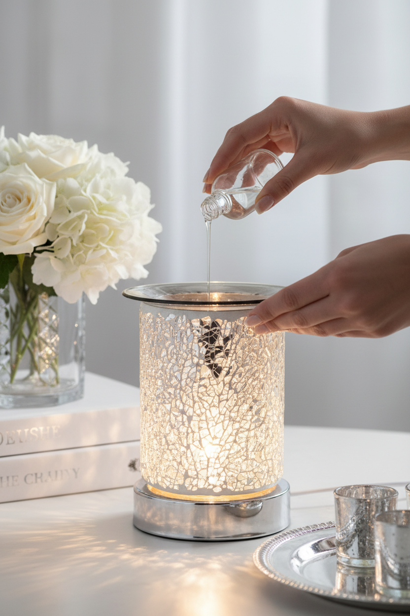 Pouring fragrance oil into Crackle Glass Oil Burner