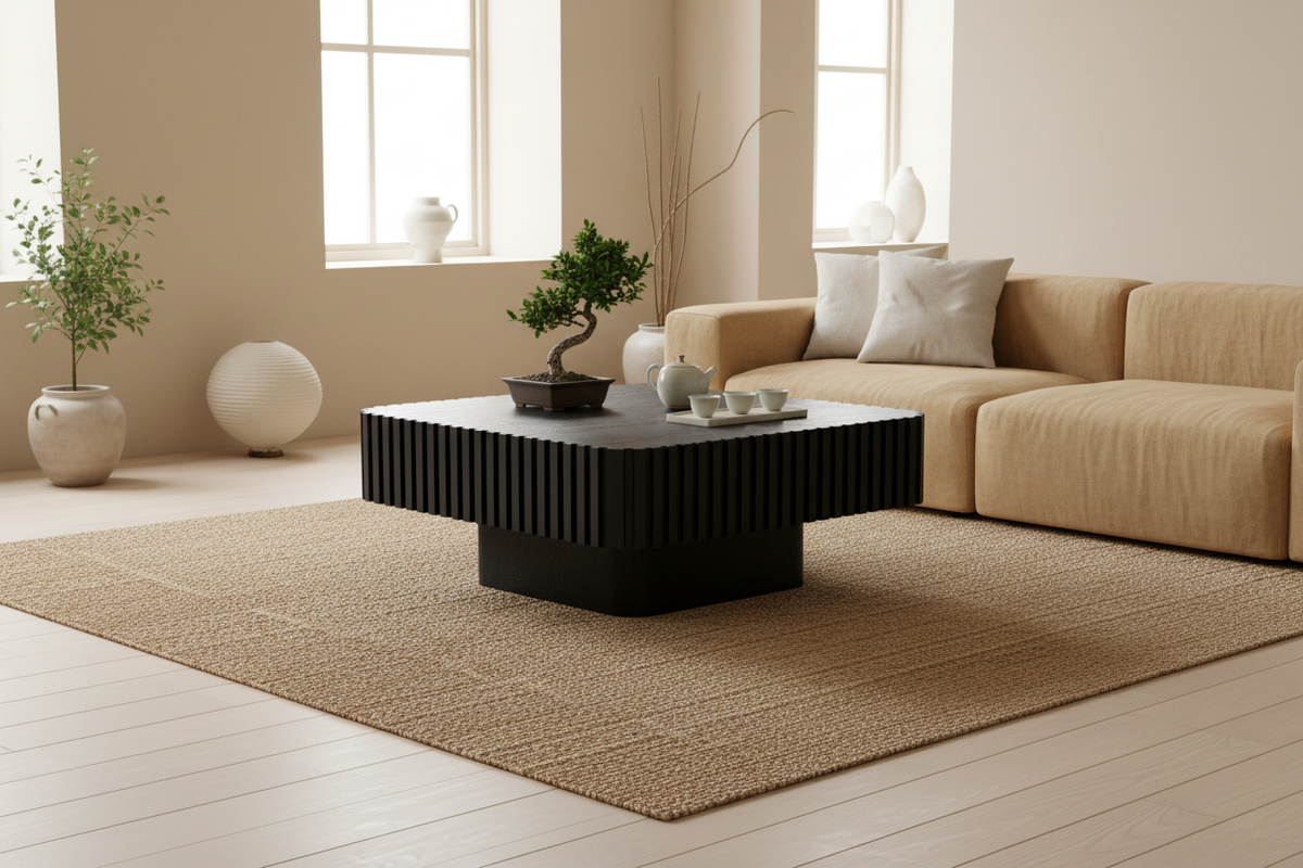 Black square coffee table styled in a minimalist Japandi living room