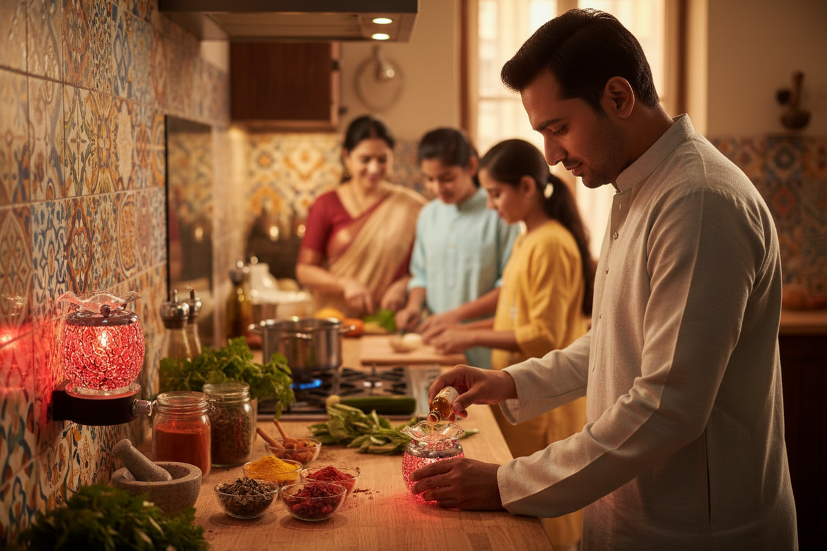 South Asian man pouring fragrance oil into red mosaic wall plug-in warmer in a vibrant Indian kitchen