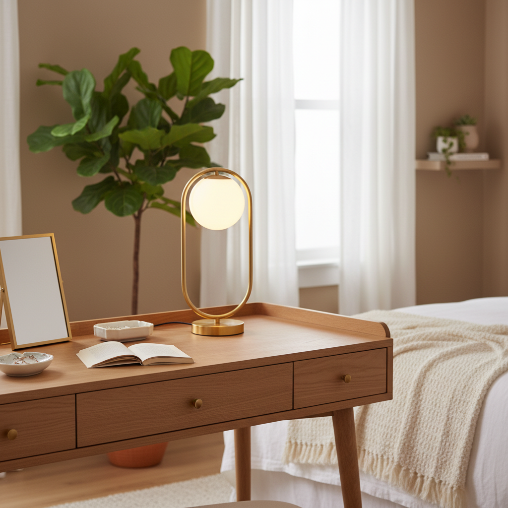 Gold oval frame lamp on vanity desk