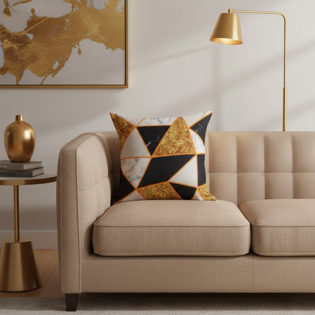 Style 3 gold triangle pillow on warm-toned sofa with gold accents