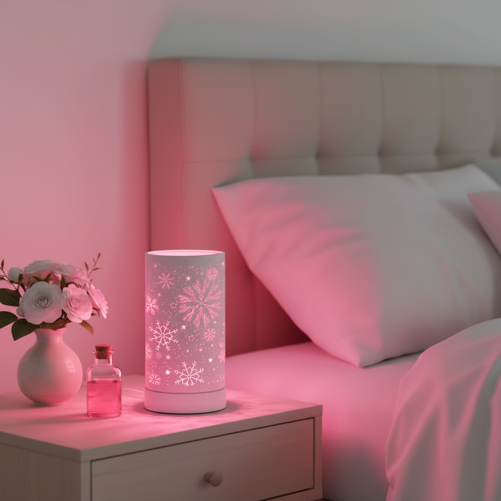 Snowflake LED Warmer on bedroom nightstand - bold scene
