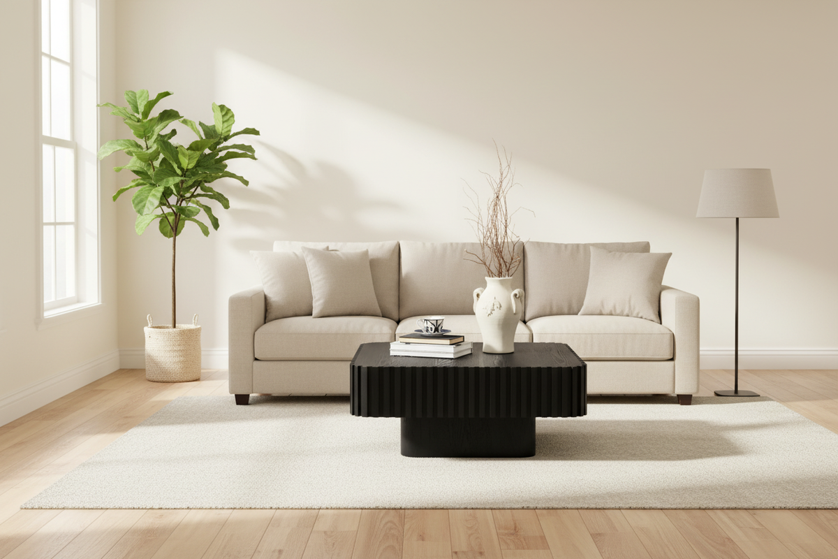 Black square coffee table styled in a bright modern living room