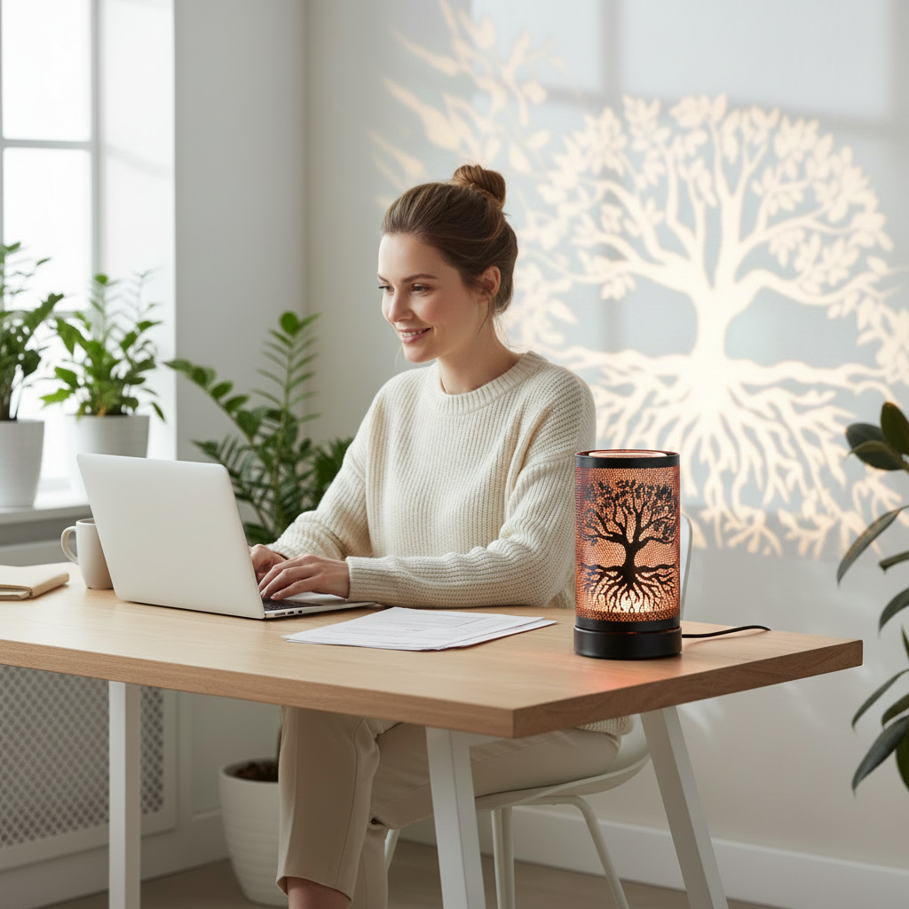 White woman home office with Tree of Life LED Warmer