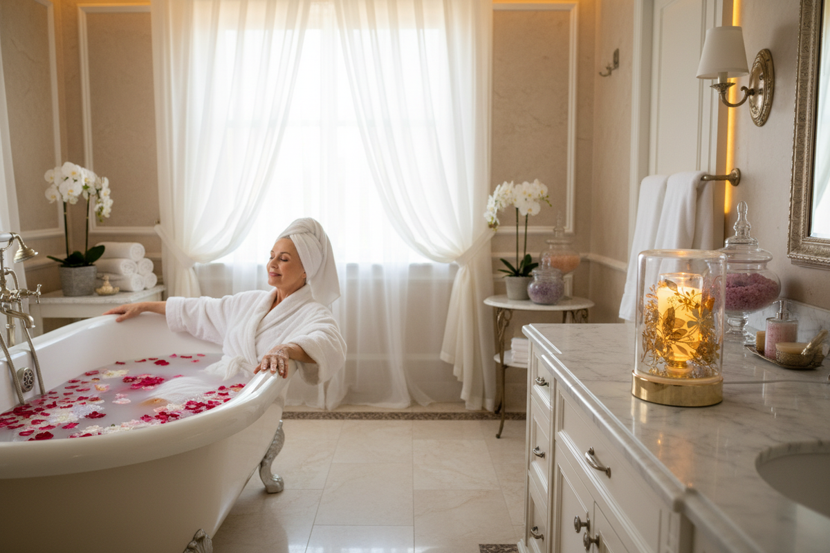 Luxury spa bathroom scene with Gold Flower Glass Fragrance Oil Warmer