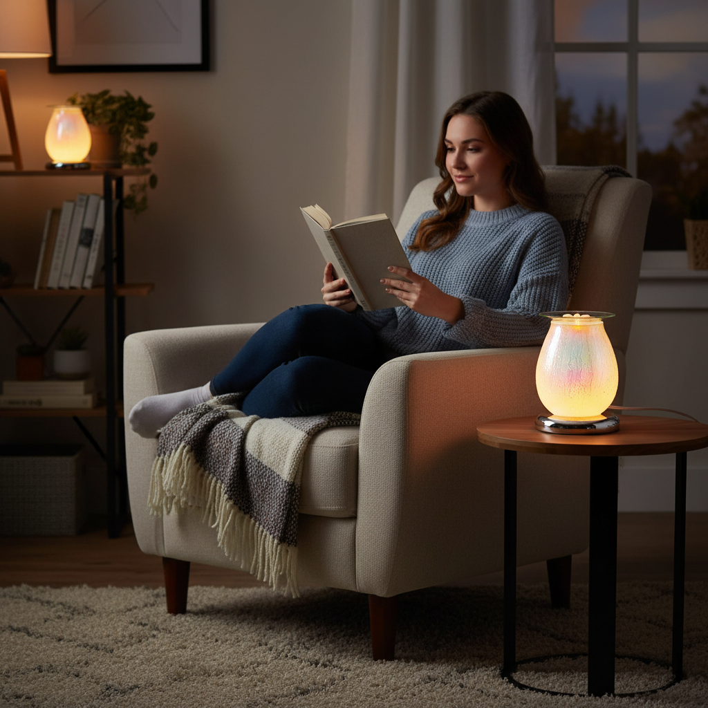 Young woman reading a book with White Drizzles lamp glowing beside her