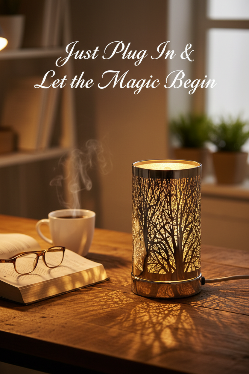 Silver Tree LED Oil Burner on home office desk - Just Plug In and Let the Magic Begin
