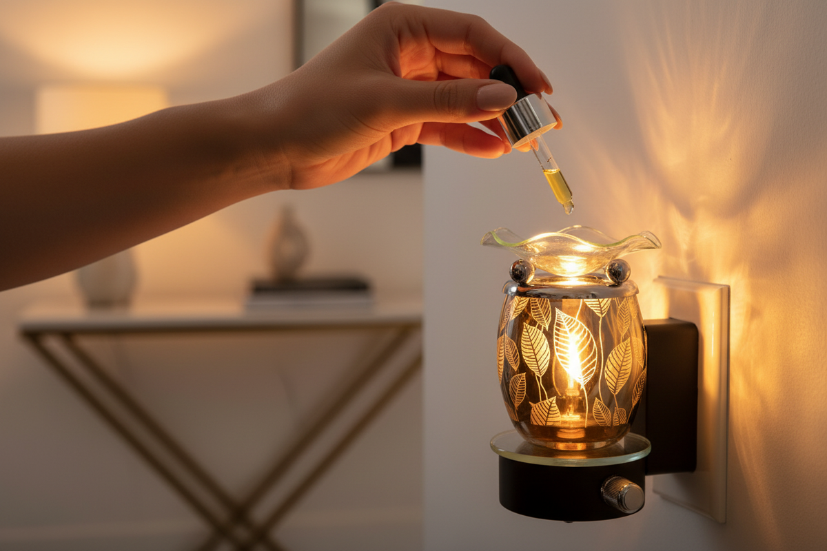 Elegant hand pouring fragrance oil into silver leaf wall plug-in burner in wall outlet