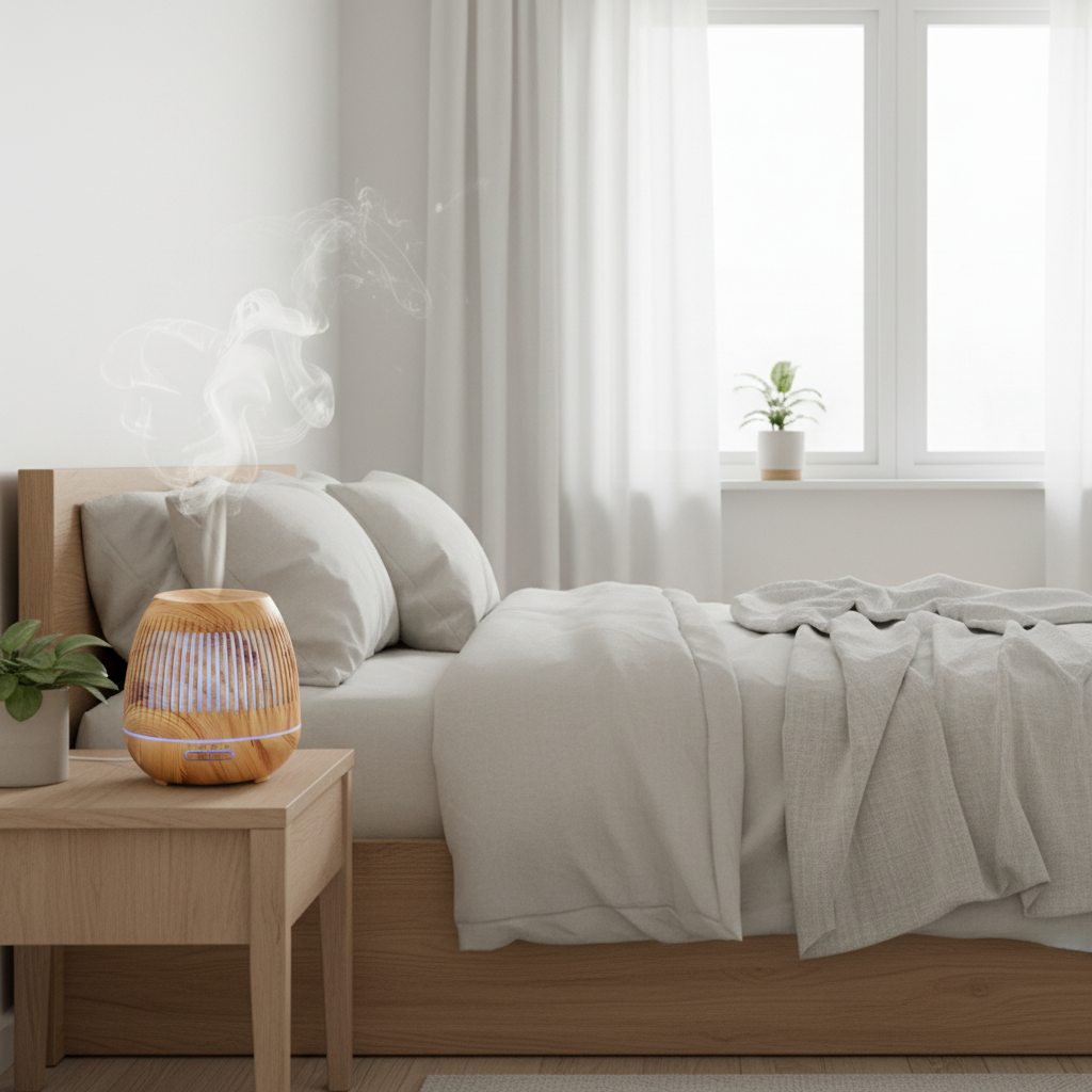 Light Wood Aroma Diffuser in Scandinavian minimalist bedroom