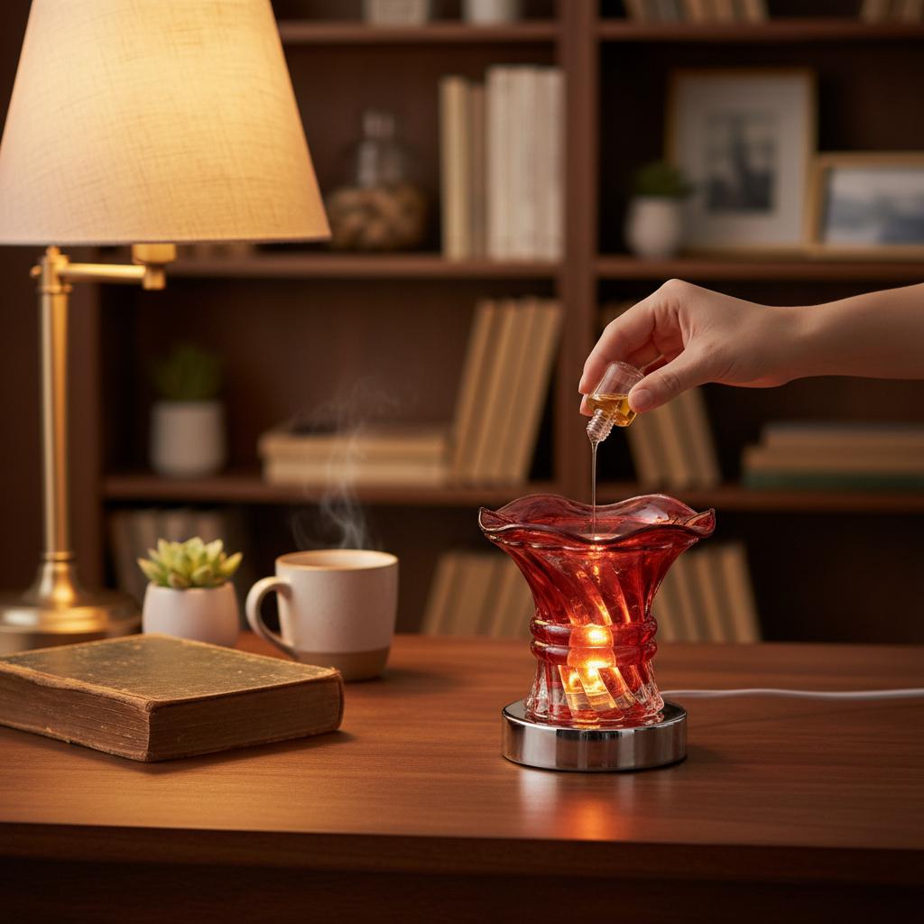 Bird of Paradise fragrance oil being poured into Red Ember warmer in home office reading nook