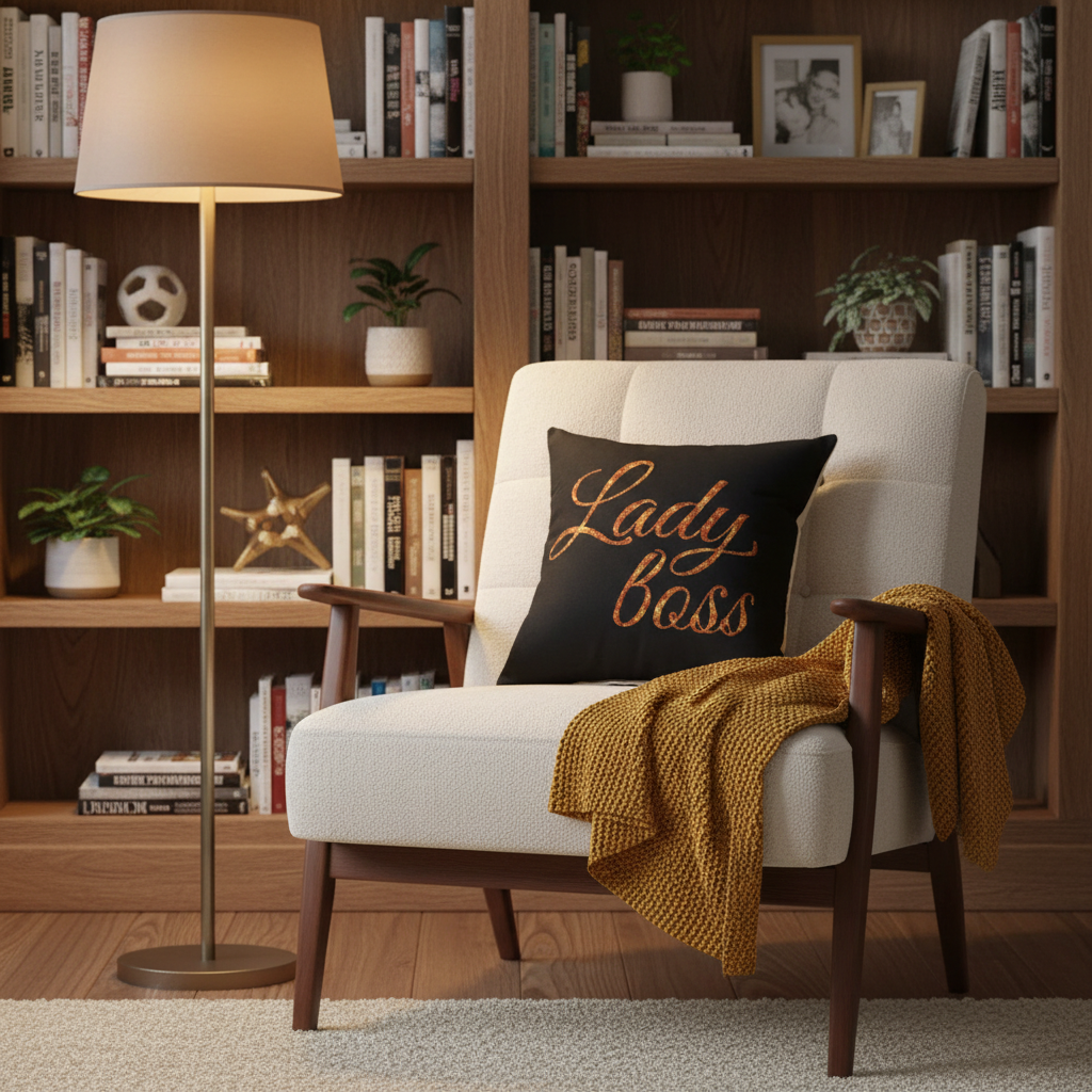 Style 2 gold letters pillow on reading nook accent chair