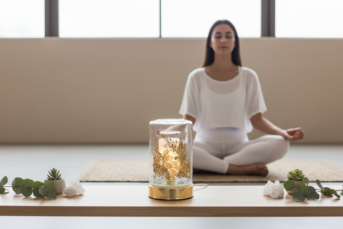 Meditation and yoga room with Middle Eastern woman and Gold Flower Glass Fragrance Oil Warmer